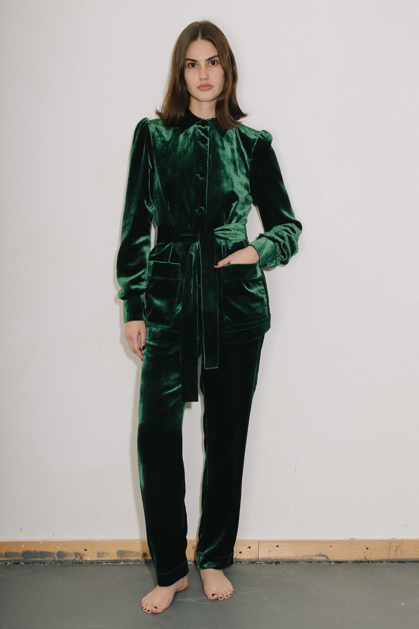 woman wearing the velvet Gentlewomen Trousers & Jacket in green, front view