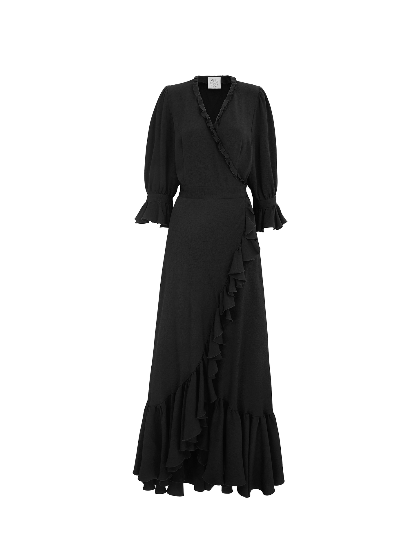 The Wrap Dress in raven black, front view