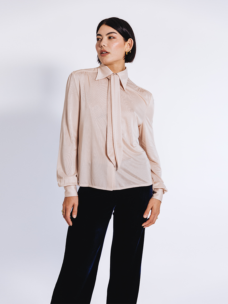 woman modelling Slinky Pique Shirt in blush