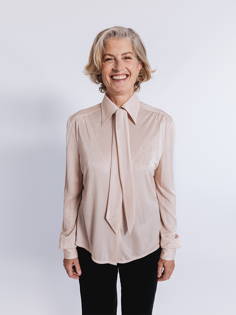 older woman modelling Slinky Pique Shirt in blush