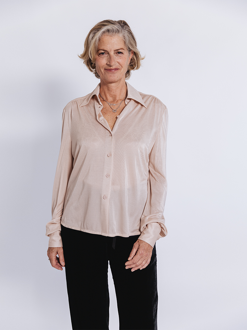 older woman modelling Slinky Pique Shirt in blush