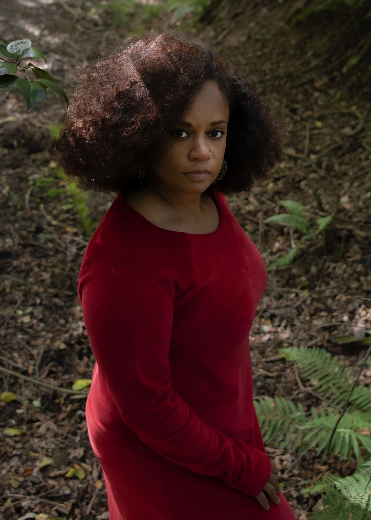 woman modelling Organic Velour Dress in red