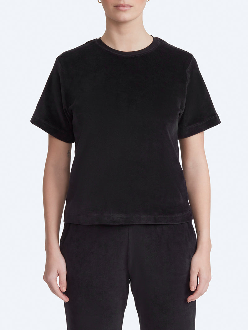 person modelling Organic Velour T-Shirt in black
