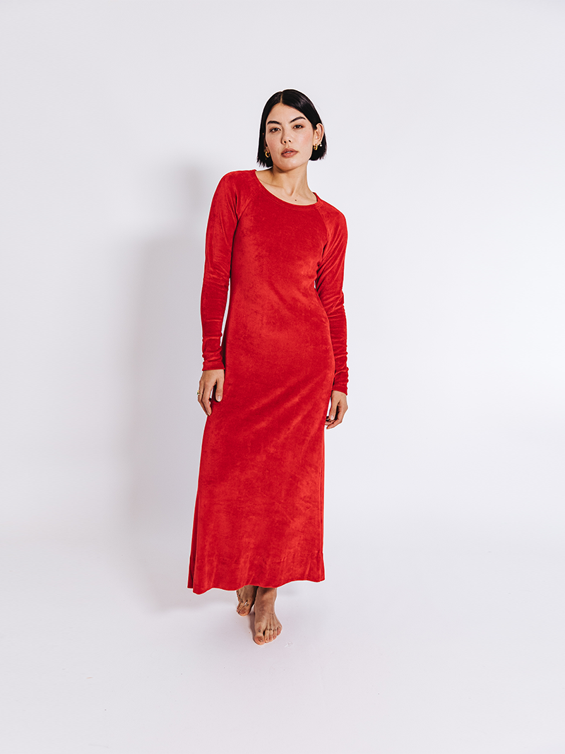 woman modelling Organic Velour Dress in red