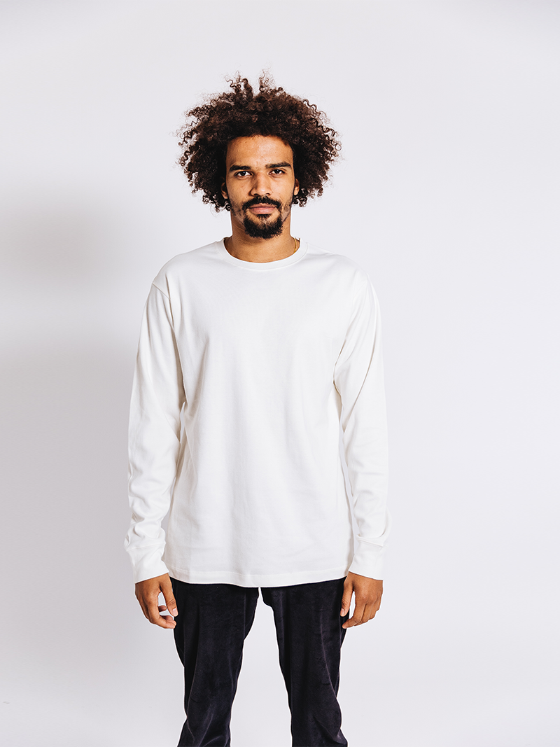 man modelling Organic Cotton Long Sleeve T-Shirt in white